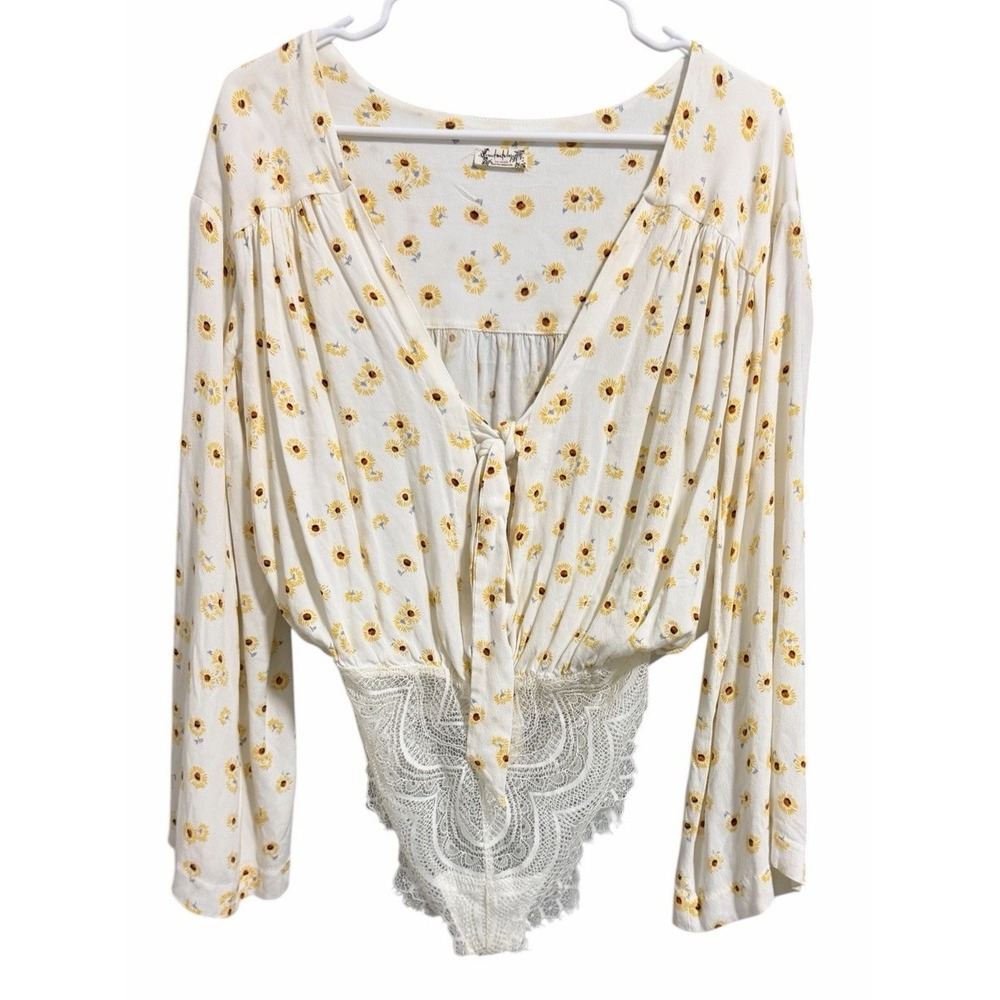 Free People Intimately "Forties Feels" Sunflower Print Bell Sleeve‎ Bodysuit Sm